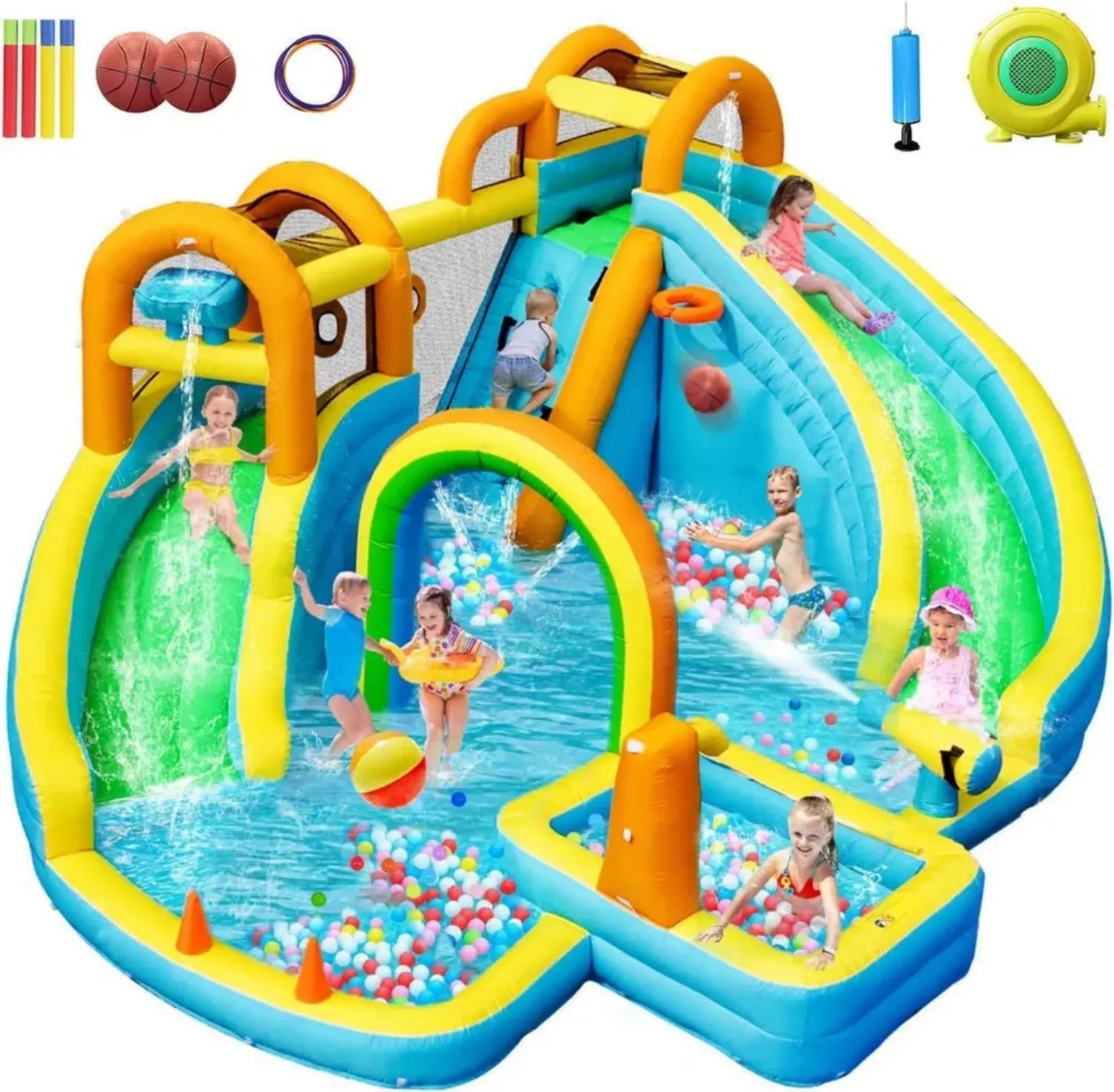Aire de Jeux Gonflable pour Enfants avec Double Toboggan et Piscine, Utilisation Intérieure et Extérieure