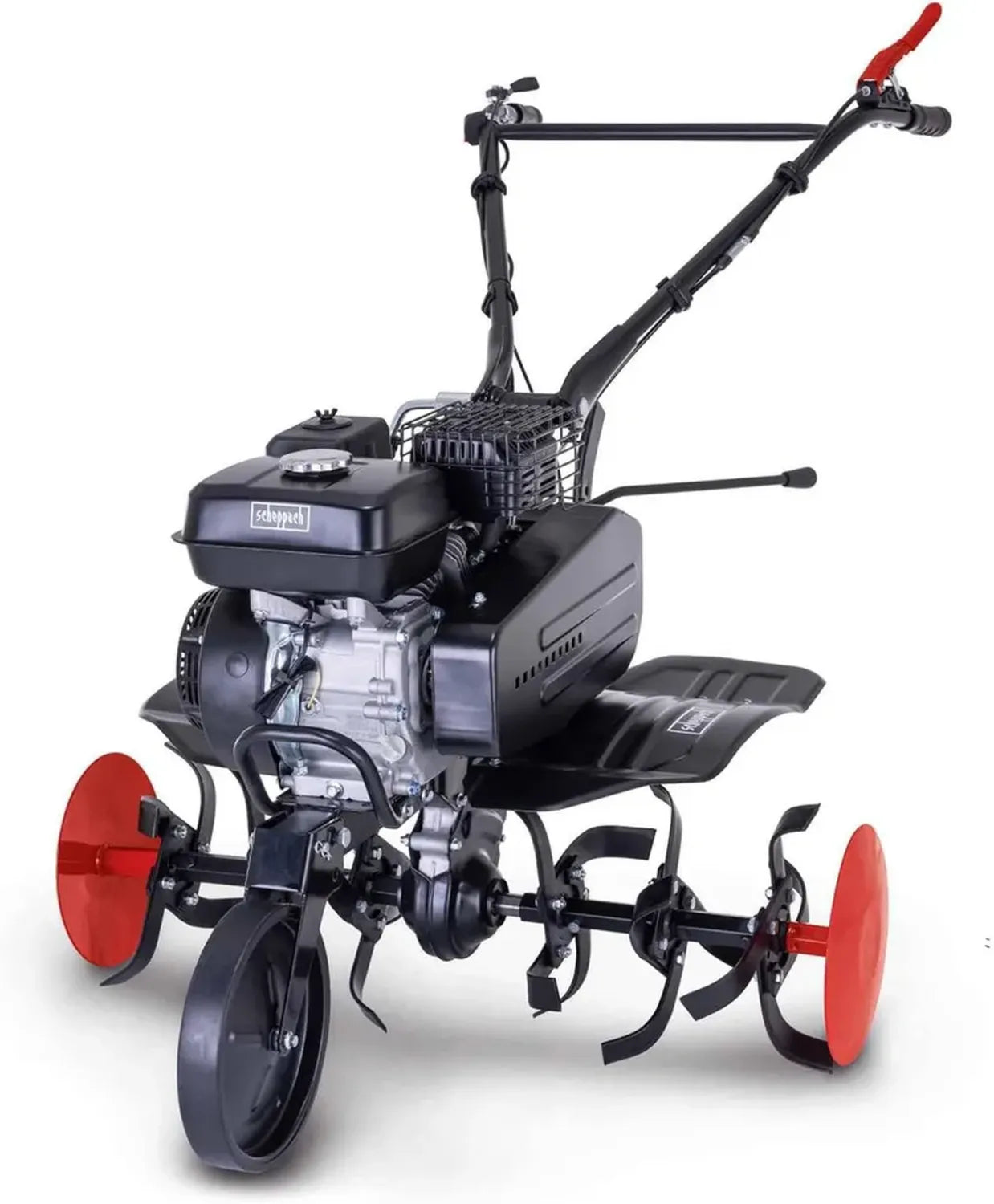 Motoculteur Thermique Scheppach MTP750 - 212 cm³, 5,7 CV - Largeur 75 cm - Fraises 310 mm - 24 Lames - Roue de Transport Pliable - Disques de Protection