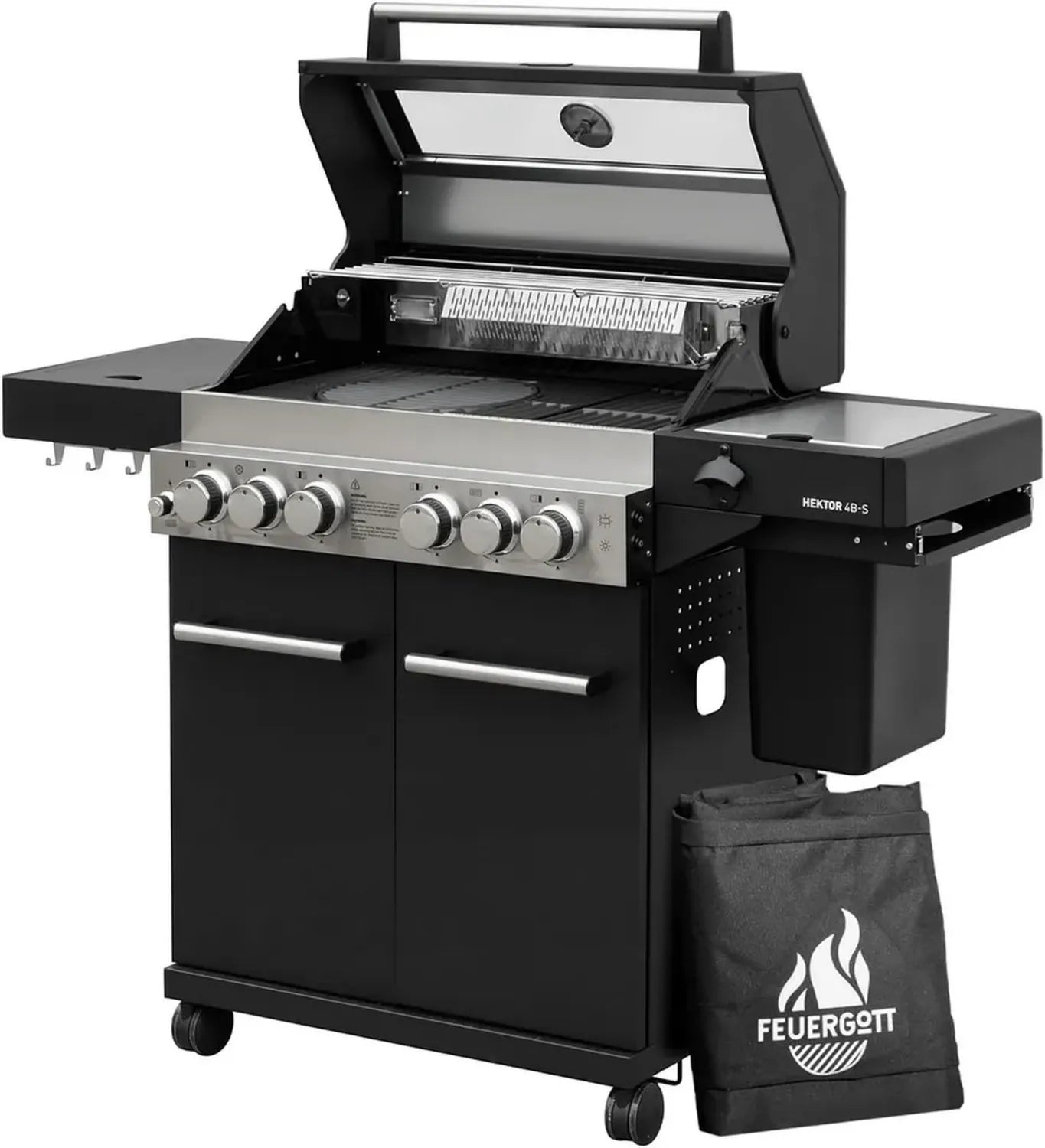 Station de Barbecue à Gaz Hektor 4B-S avec 4 Brûleurs, Réchaud Latéral et Infrarouge, 22,2 kW, Chariot Noir/Argent