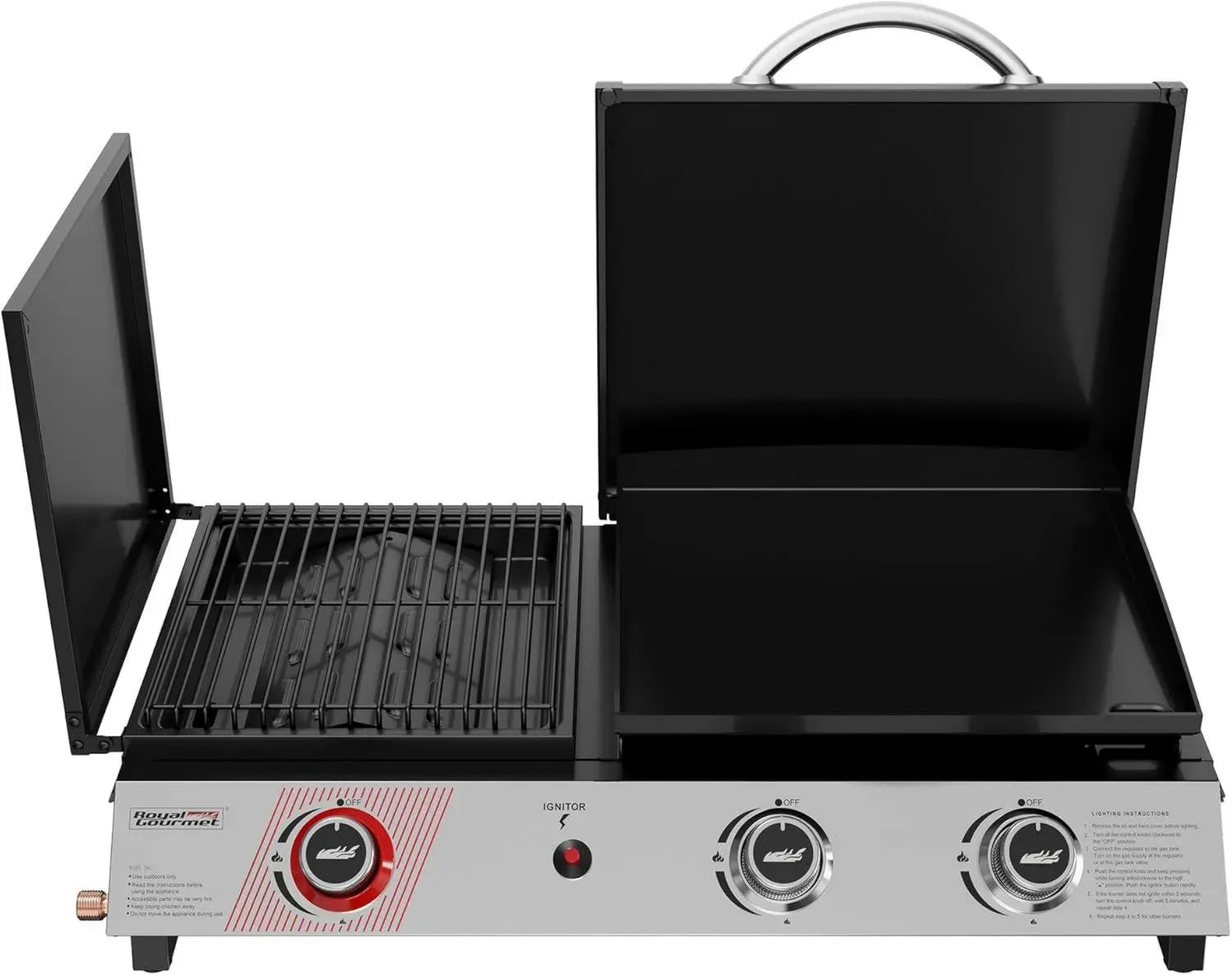 Barbecue à Gaz Portable 3 Brûleurs Royal Gourmet, Plancha et Grille Émaillées 3-en-1 avec Couvercle, 8,5 kW pour Camping en Plein Air, Noir