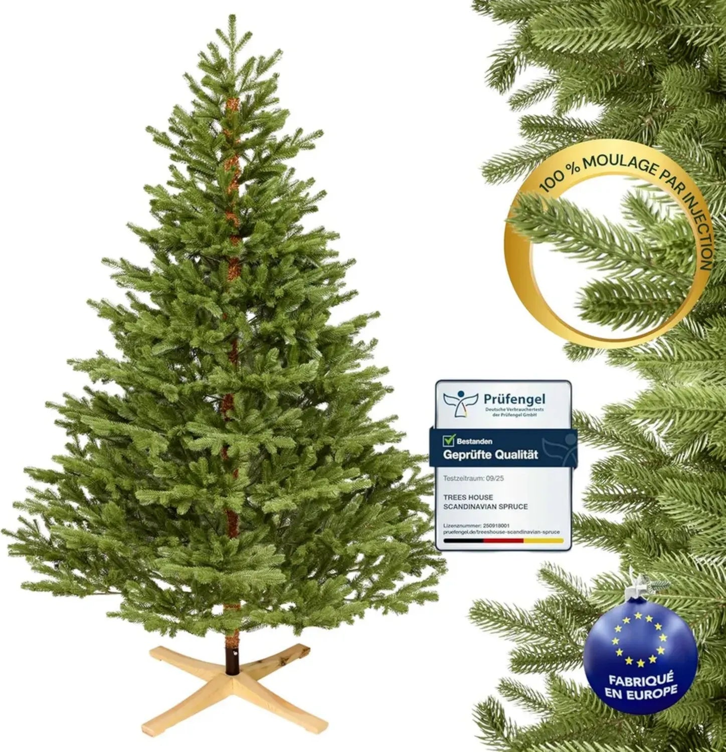 Sapin de Noël Artificiel 180 cm Premium avec Support Bois FSC, Épicéa Scandinave Injecté, Fabriqué en UE