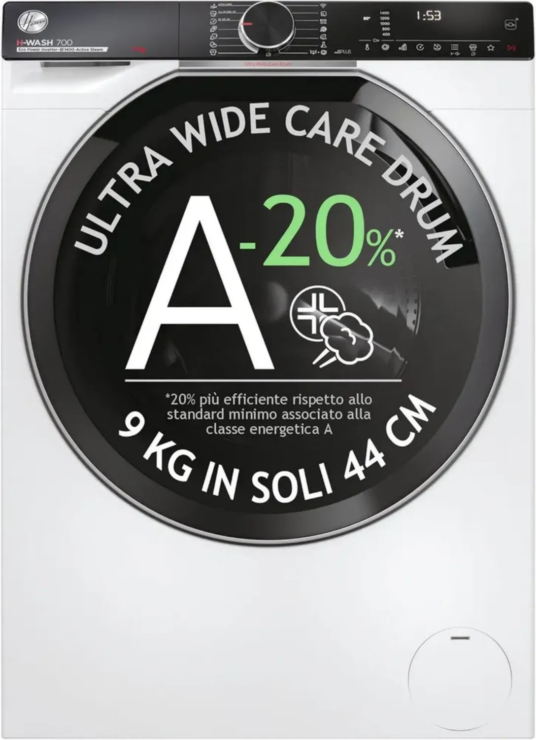 Lave-linge Slim Hoover H-WASH 700 9kg 1400trs Classe A-20% avec vapeur et programme hygiène