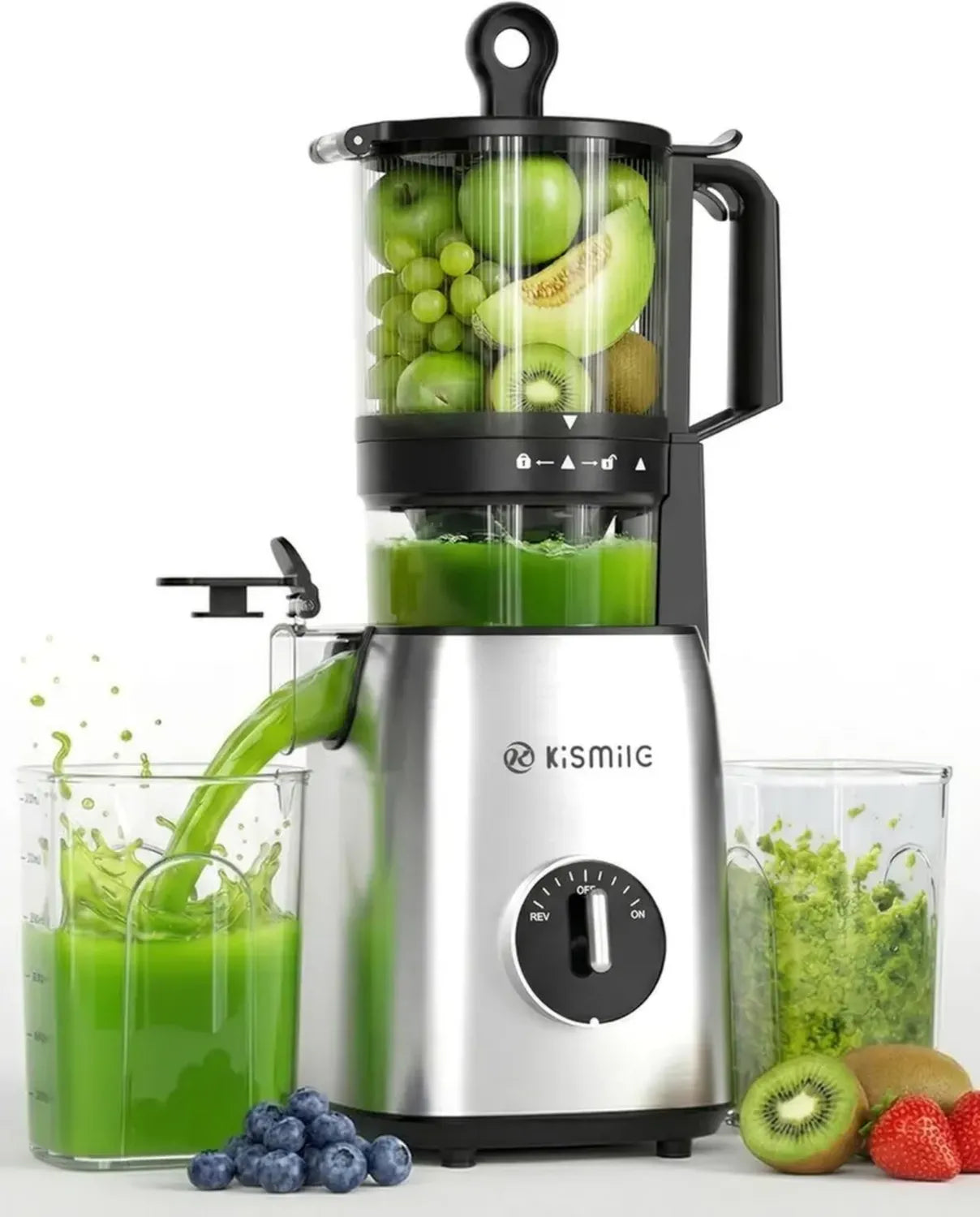 Extracteur de Jus à Froid Kismile, Large Ouverture 135mm, Sans BPA, Idéal Fruits & Légumes, Nettoyage Facile